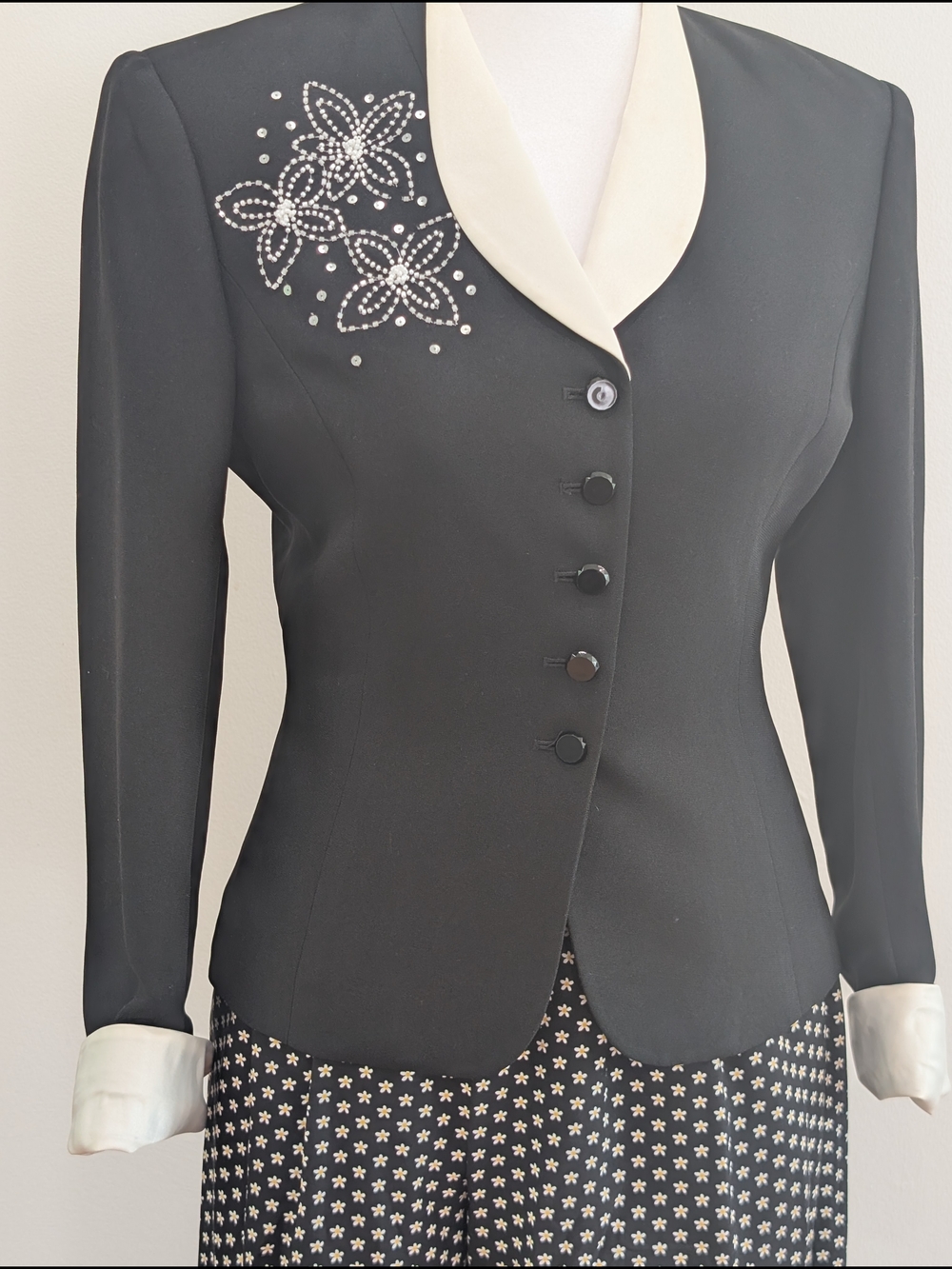 Kasper for ASL. Petite Black Blazer with Cream Trim and Crystal Floral Accent